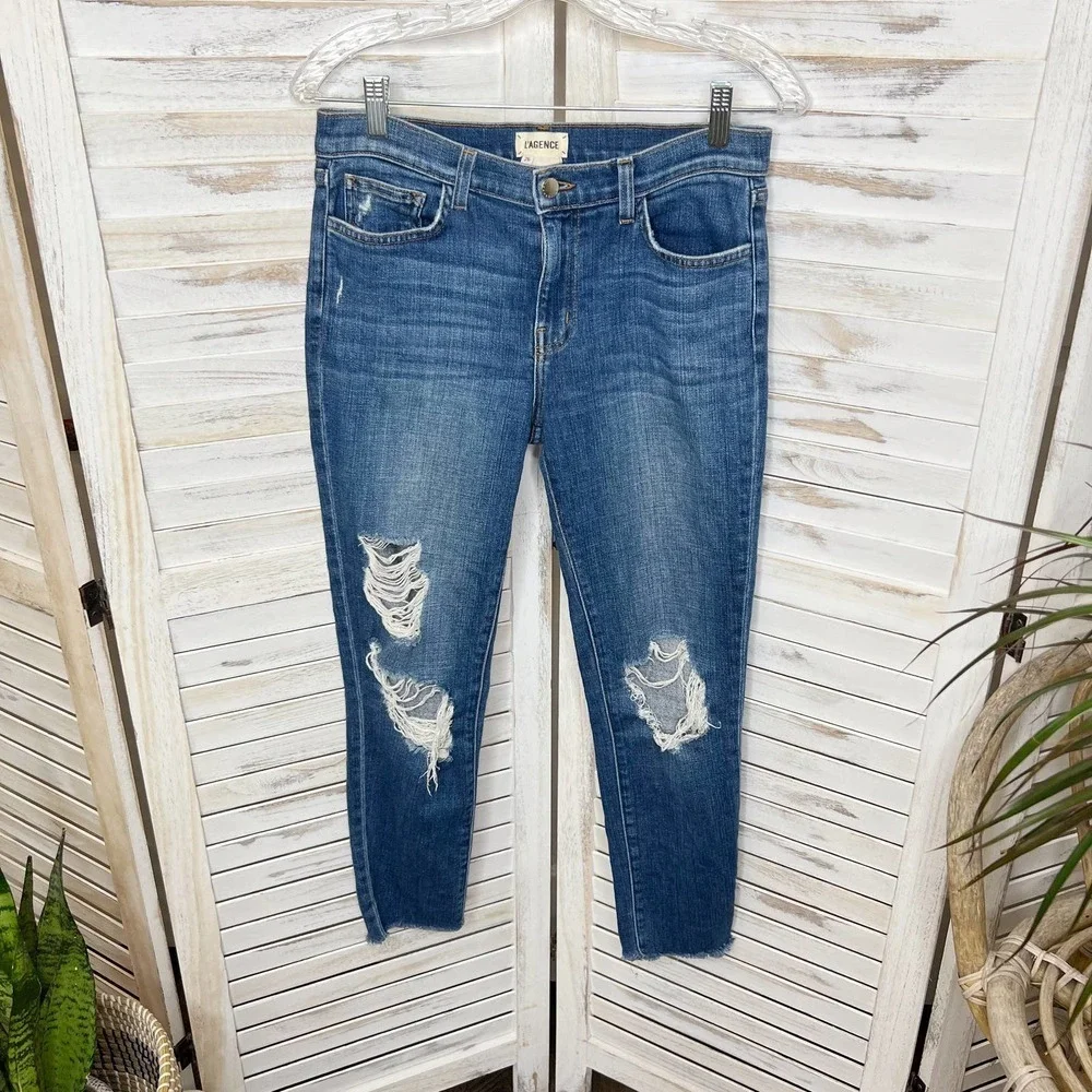 L'agence Women's Marcelle Slim Fit Jeans Authentique Distressed Denim Raw Hem 26 - Picture 16 of 16